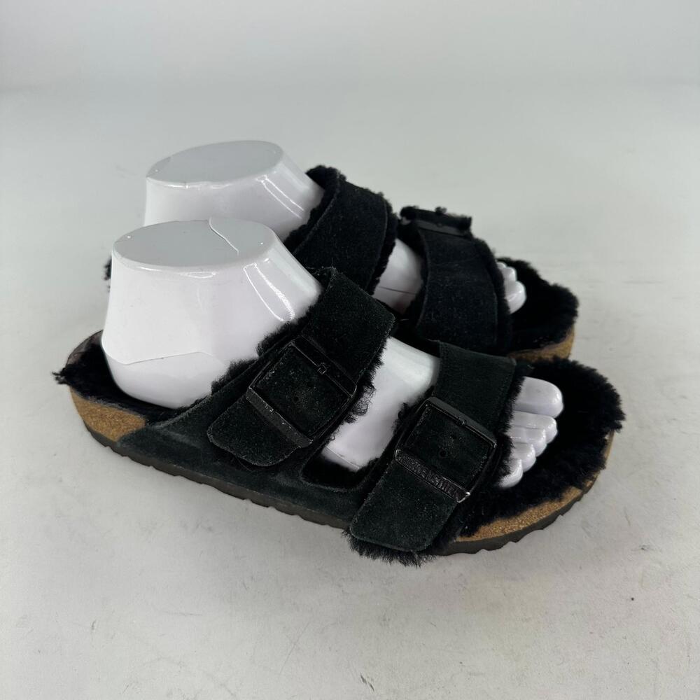 Birkenstock Arizona Shearling Sandals Sz 8 Black Suede Lined Buckle Shoes - Picture 4 of 12